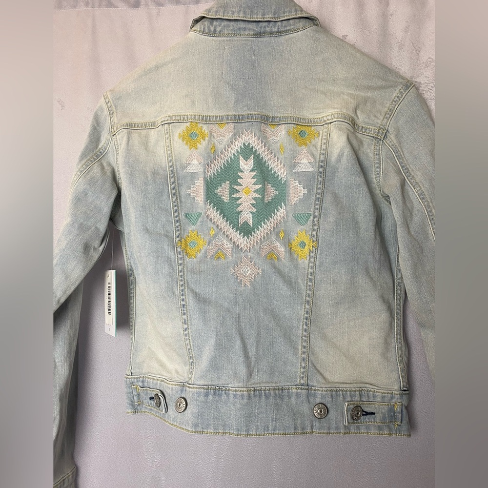 Aztec Faded Denim light blue Boho Festival Jacket with Embroidery XXS